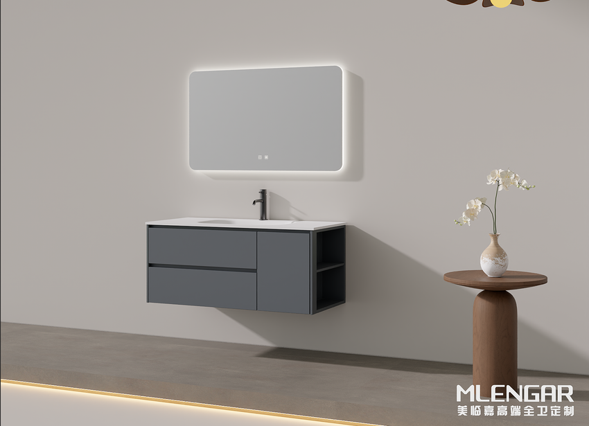 004MLENGAR Floating Bathroom Vanity with LED Backlit Mirror & Open Shelves