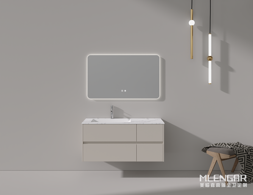 0010MLENGAR Floating Bathroom Vanity with LED Backlit Mirror & Marble Countertop