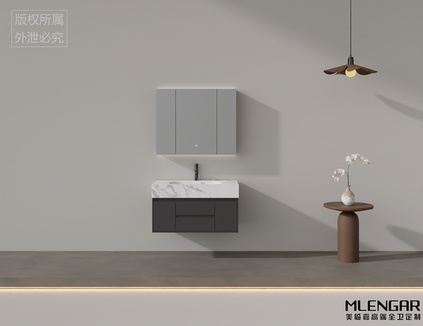 0015MLENGAR Floating Bathroom Vanity with 3-Door LED Medicine Cabinet & Marble Countertop