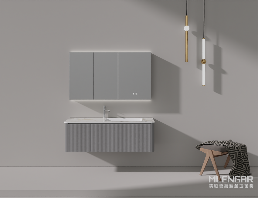 0017MLENGAR Fluted Floating Bathroom Vanity with LED Medicine Cabinet & Marble Countertop