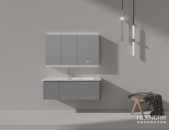 0017MLENGAR Fluted Floating Bathroom Vanity with LED Medicine Cabinet & Marble Countertop