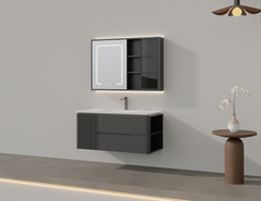 0026MLENGAR Fluted Dark Gray Floating Bathroom Vanity with LED Mirror & Open Shelves