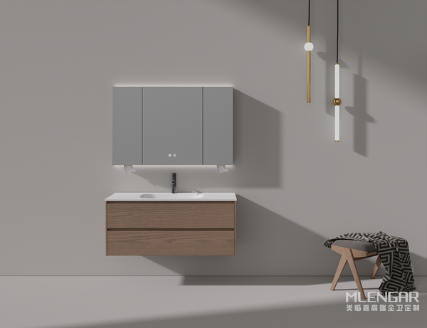 0028MLENGAR Wood Grain Floating Bathroom Vanity with 3-Door LED Medicine Cabinet