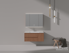 0029MLENGAR Wood Grain Floating Bathroom Vanity with Marble Countertop & LED Medicine Cabinet