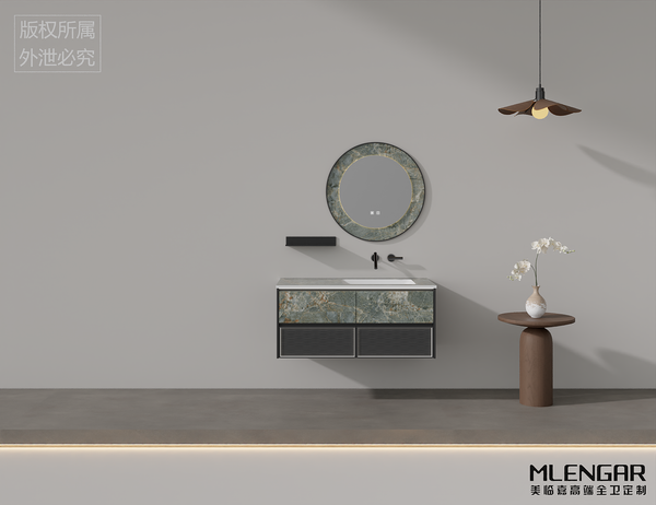 0031MLENGAR Luxury Marble Floating Bathroom Vanity with Round LED Mirror