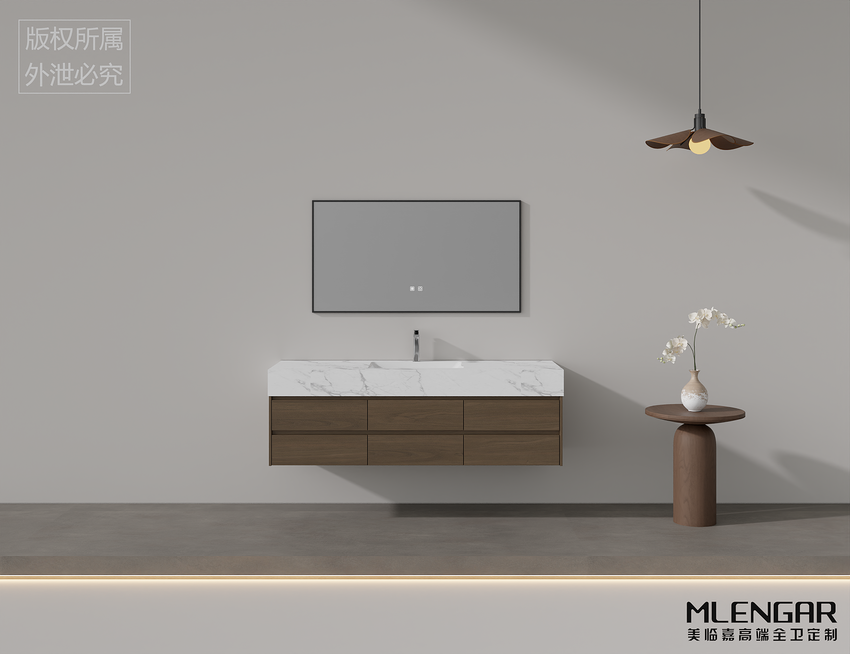0032MLENGAR Large Wood-Grain Floating Bathroom Vanity with Marble Countertop & LED Mirror