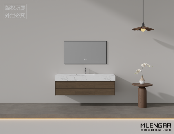 0032MLENGAR Large Wood-Grain Floating Bathroom Vanity with Marble Countertop & LED Mirror