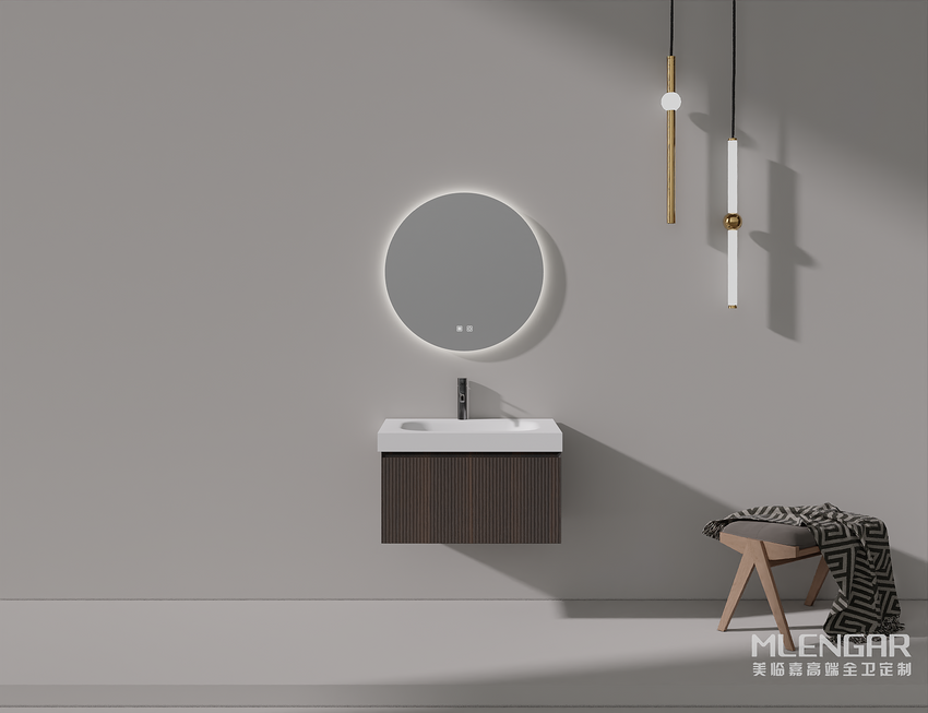 0035MLENGAR Fluted Wood Floating Bathroom Vanity with Round LED Mirror