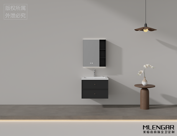 0036MLENGAR Compact Black Floating Bathroom Vanity with LED Mirror & Open Shelves