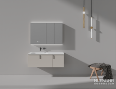 0038MLENGAR Light Beige Floating Double-Sink Bathroom Vanity with LED Medicine Cabinet