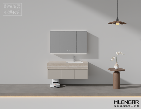 0041MLENGAR Travertine Top Floating Bathroom Vanity with LED Medicine Cabinet