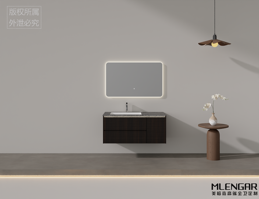0042MLENGAR Fluted Wood Floating Bathroom Vanity with Round LED Mirror