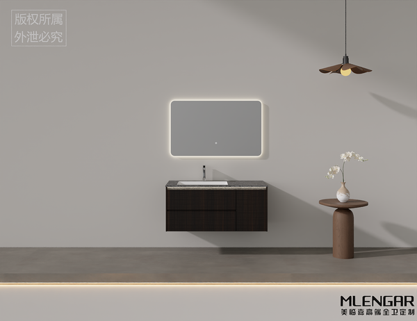 0042MLENGAR Fluted Wood Floating Bathroom Vanity with Round LED Mirror