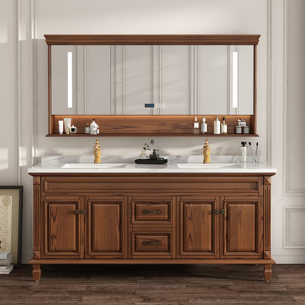 0044MLENGAR Solid Wood Double Sink Bathroom Vanity with LED Mirror & Open Shelf