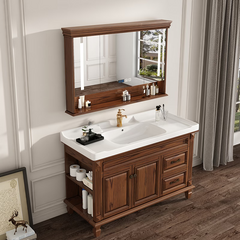 0045MLENGAR Solid Wood Single Sink Bathroom Vanity with LED Mirror & Open Shelves
