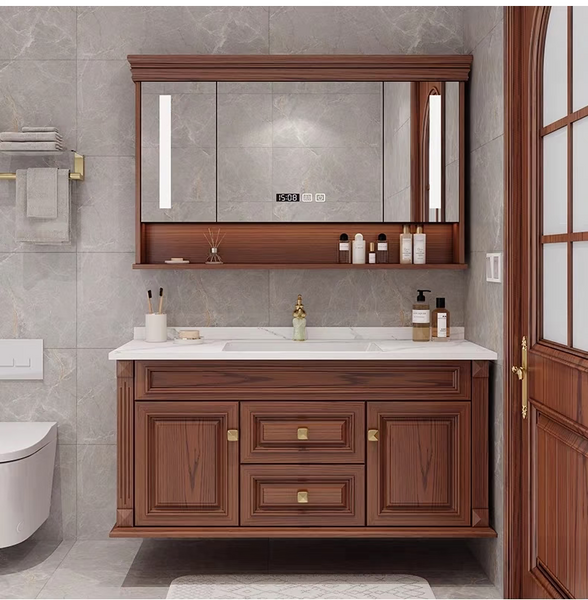 0046MLENGAR Floating Solid Wood Bathroom Vanity with LED Medicine Cabinet & Marble Top