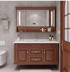 0046MLENGAR Floating Solid Wood Bathroom Vanity with LED Medicine Cabinet & Marble Top