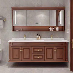 0047MLENGAR Floating Solid Wood Double Sink Bathroom Vanity with LED Medicine Cabinet