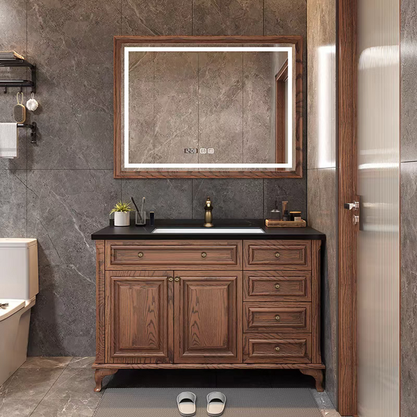 0048MLENGAR Solid Wood Single Sink Bathroom Vanity with LED Frame Mirror & Black Countertop