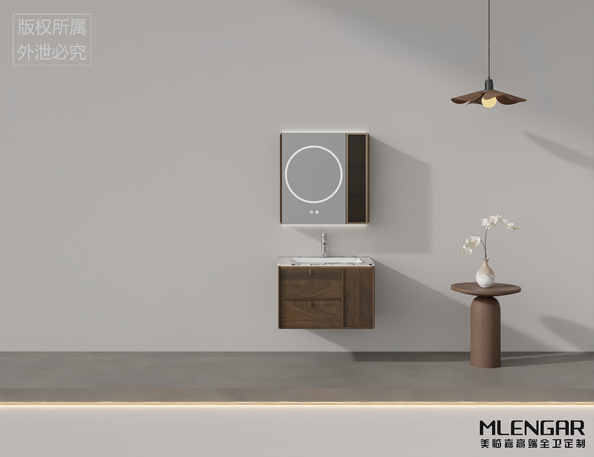 0049MLENGAR Modern Wood Floating Bathroom Vanity with LED Mirror Cabinet & Marble Top