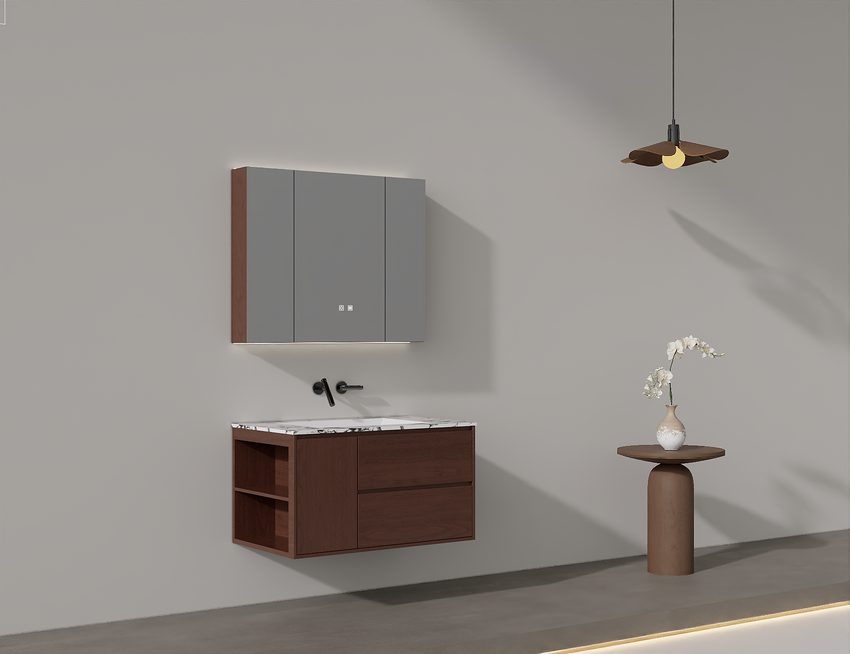 0051MLENGAR Modern Wood Floating Bathroom Vanity with LED Medicine Cabinet & Marble Top