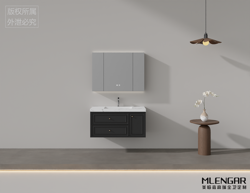 0056MLENGAR Black Floating Bathroom Vanity with LED Medicine Cabinet & Marble Countertop
