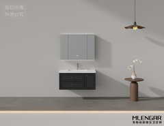 0056MLENGAR Black Floating Bathroom Vanity with LED Medicine Cabinet & Marble Countertop