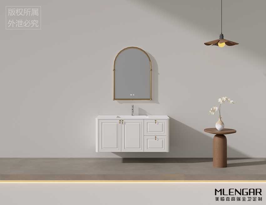 0057MLENGAR White Floating Bathroom Vanity with Arched Gold LED Mirror & Integrated Sink