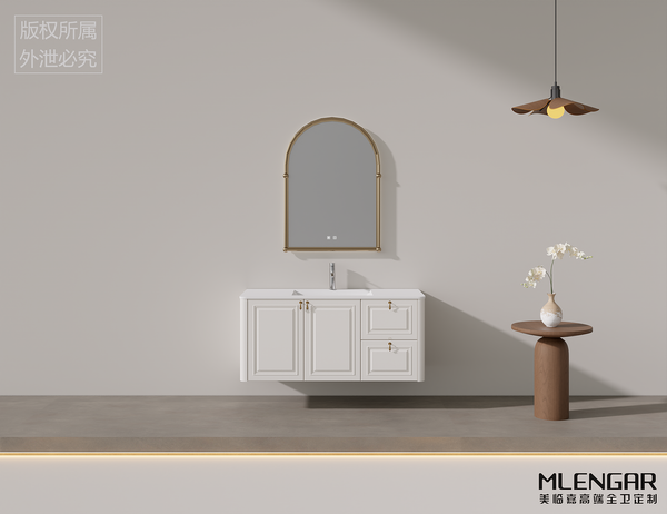 0057MLENGAR White Floating Bathroom Vanity with Arched Gold LED Mirror & Integrated Sink