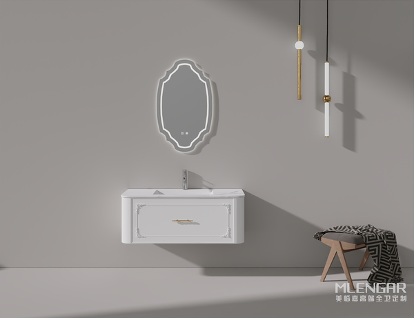 0058MLENGAR White Floating Bathroom Vanity with Ornate LED Mirror & Integrated Sink