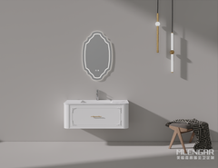 0058MLENGAR White Floating Bathroom Vanity with Ornate LED Mirror & Integrated Sink