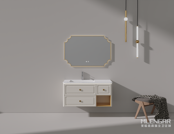0059MLENGAR Cream White Floating Bathroom Vanity with Gold-Trimmed LED Mirror & Marble Top
