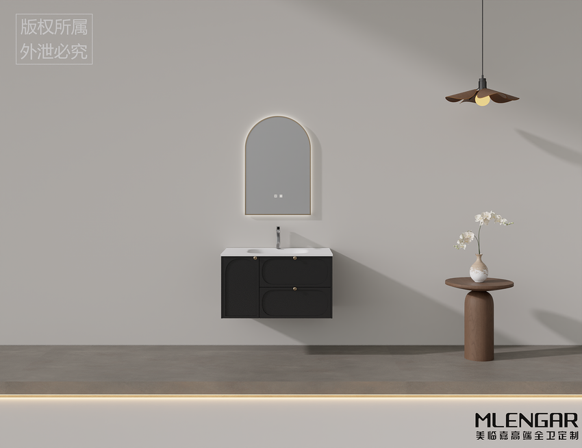 0062MLENGAR Black Floating Bathroom Vanity with Arched LED Mirror & Textured Cabinet