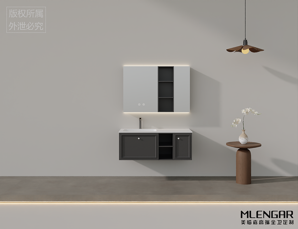0063MLENGAR Dark Gray Floating Bathroom Vanity with LED Mirror Cabinet & Open Shelves