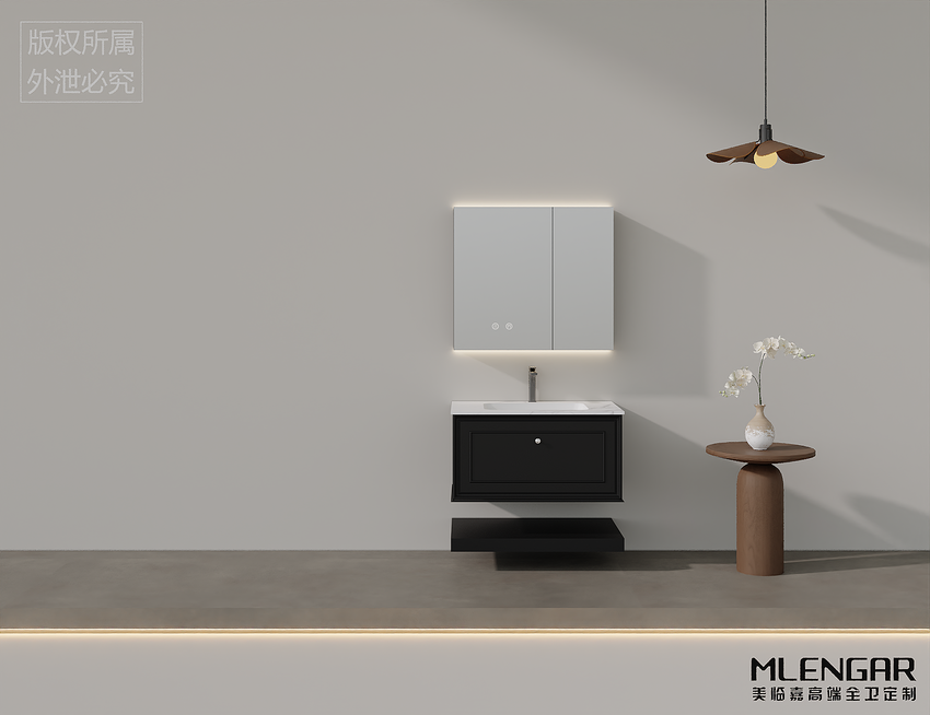0064MLENGAR Black Floating Bathroom Vanity with LED Mirror Cabinet & Marble Top