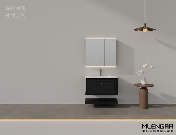 0064MLENGAR Black Floating Bathroom Vanity with LED Mirror Cabinet & Marble Top
