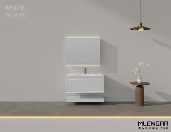 0065MLENGAR White Floating Bathroom Vanity with LED Mirror Cabinet & Marble Top