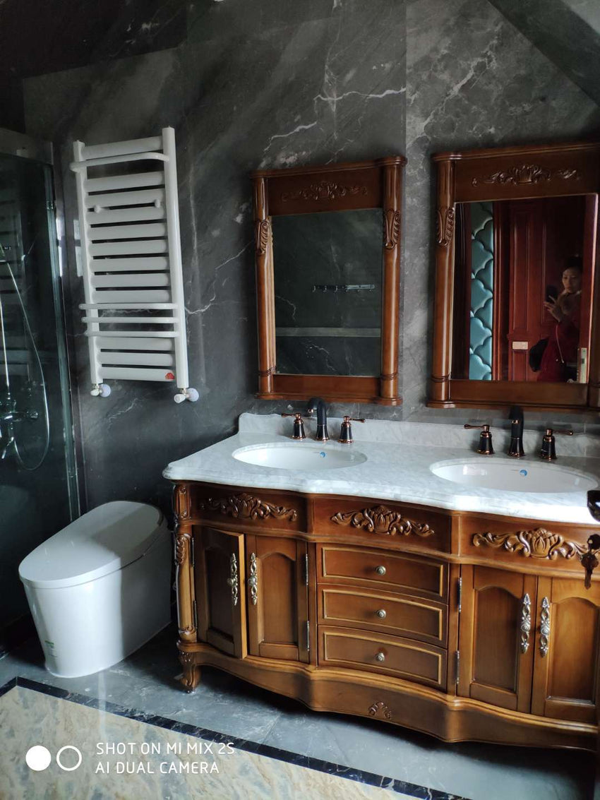0072MLENGAR Double Sink Antique Wood Bathroom Vanity with Marble Top & Mirrors