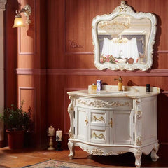 0067MLENGAR Ornate Off-White Freestanding Bathroom Vanity with Marble Top & Antique Mirror