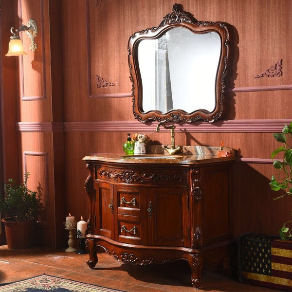 0069MLENGAR Antique Walnut Freestanding Bathroom Vanity with Marble Top & Ornate Mirror