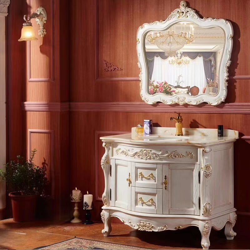 0070MLENGAR Off-White Freestanding Bathroom Vanity with Natural Marble Top & Ornate Mirror