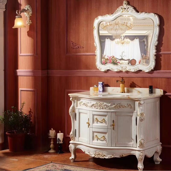 0070MLENGAR Off-White Freestanding Bathroom Vanity with Natural Marble Top & Ornate Mirror