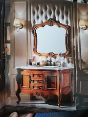 0071MLENGAR Antique Wood Freestanding Bathroom Vanity with Marble Top & Ornate Mirror