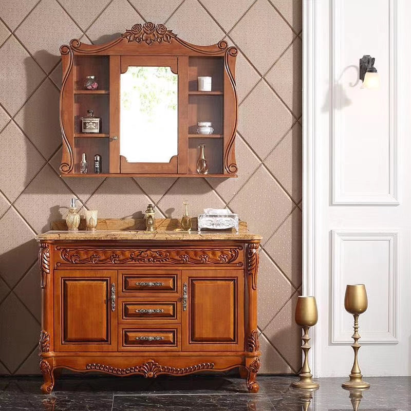 0073MLENGAR Antique Wood Bathroom Vanity with Marble Top & Carved Medicine Cabinet