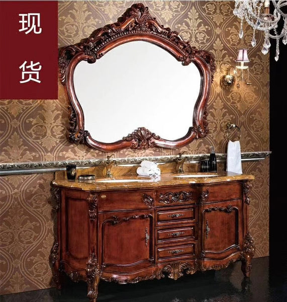 0074MLENGAR Antique Wood Double Sink Bathroom Vanity with Marble Top & Ornate Mirror