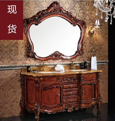0074MLENGAR Antique Wood Double Sink Bathroom Vanity with Marble Top & Ornate Mirror