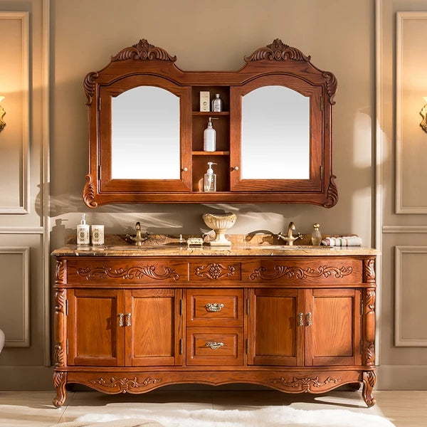 0075MLENGAR Antique Wood Double Sink Bathroom Vanity with Marble Top & Dual Mirrors
