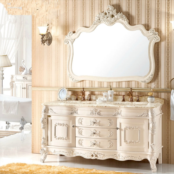 0076MLENGAR Off-White Double Sink Bathroom Vanity with Marble Top & Ornate Mirror