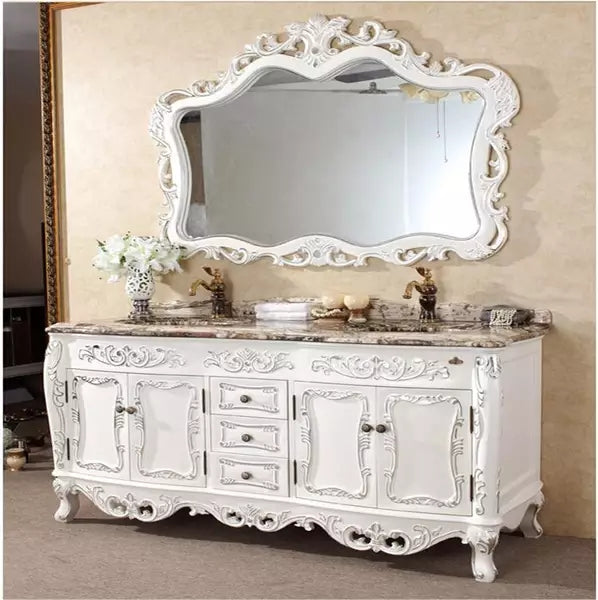 0077MLENGAR Off-White Double Sink Bathroom Vanity with Marble Top & Ornate Mirror