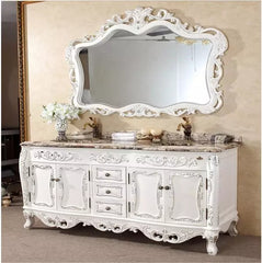 0077MLENGAR Off-White Double Sink Bathroom Vanity with Marble Top & Ornate Mirror